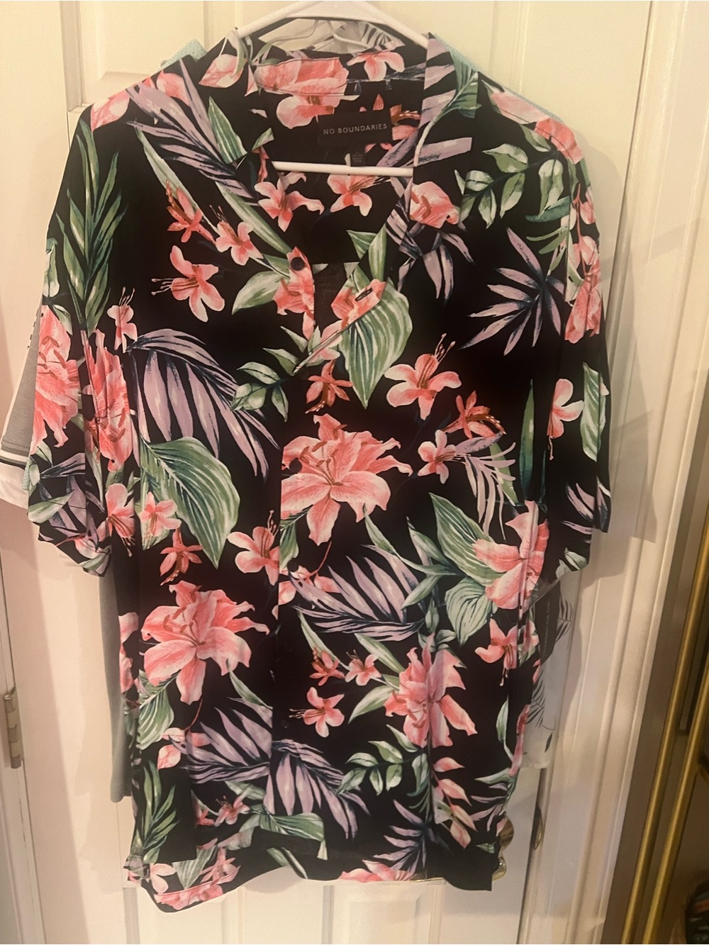 No Boundaries Black Button-Up Shirt with Pink Floral & Green Leaf Print